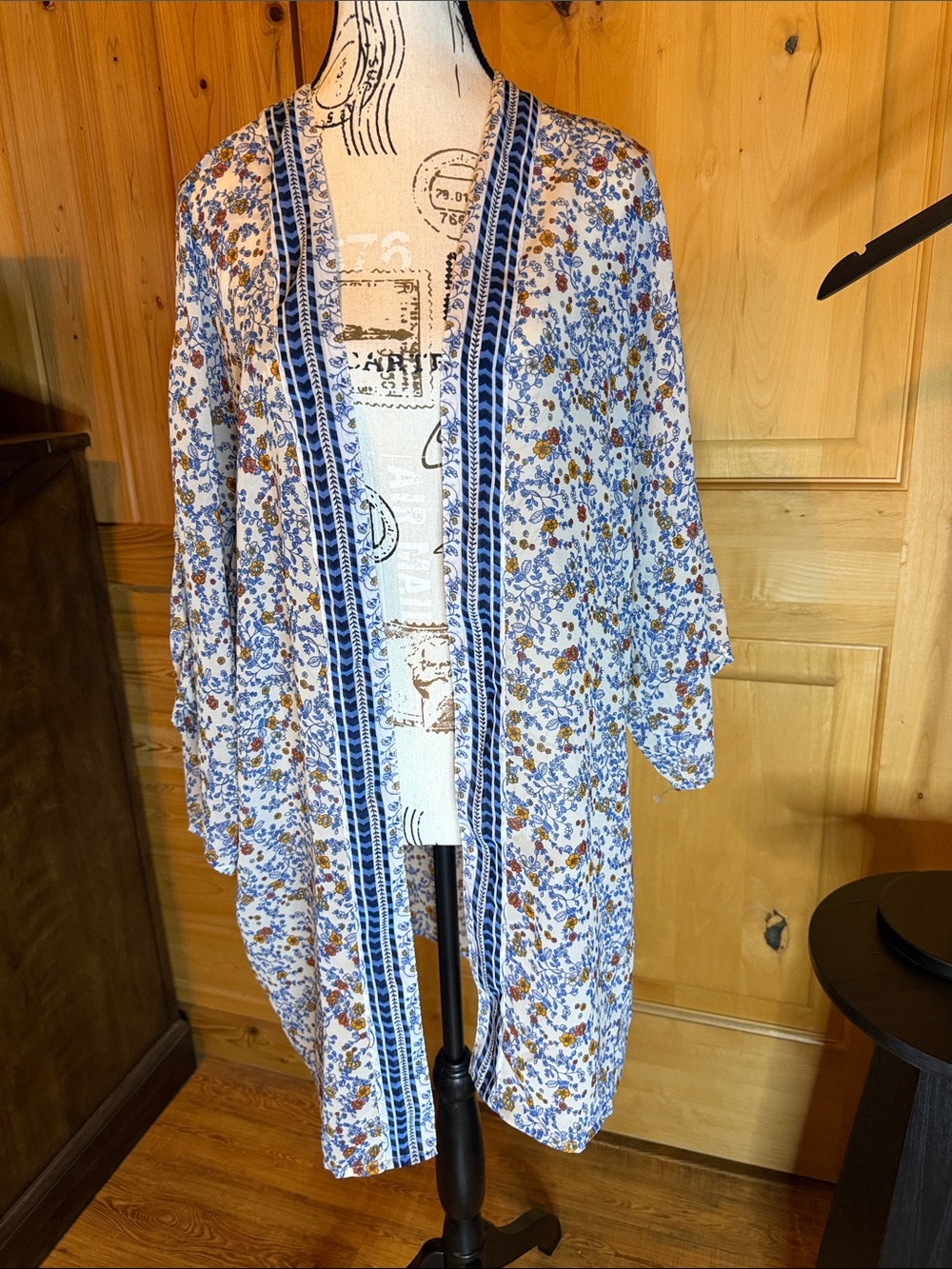 Japna Blue and White Floral Kimono Cape with Navy Trim - Picture 1 of 6